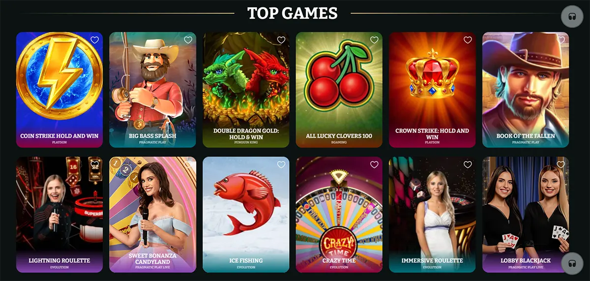 Top games section on a dark casino interface featuring Coin Strike Hold and Win, Big Bass Splash, Double Dragon Gold: Hold & Win, All Lucky Clovers 100, Crown Strike: Hold and Win, Book of the Fallen, Lightning Roulette, Sweet Bonanza Candyland, Ice Fishing, Crazy Time, Immersive Roulette, and Lobby Blackjack.