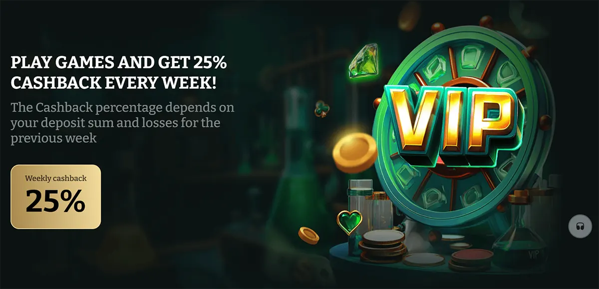 Casino VIP cashback banner promoting 25% weekly cashback, with bonus text, floating coins and gems, and a large VIP emblem on a dark background.