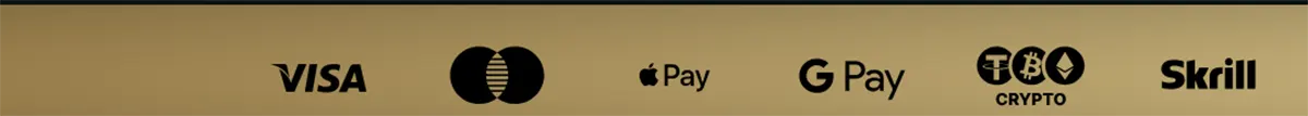 Payment methods banner featuring Visa, Mastercard, Apple Pay, Google Pay, crypto, and Skrill logos on a gold background.
