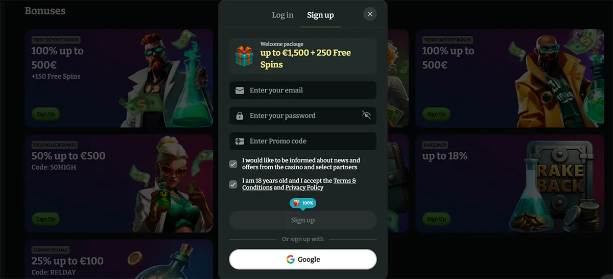 Casino sign-up popup over a bonus page, showing a welcome package up to €1,500 plus 250 free spins, email and password fields, promo code entry, consent checkboxes, and Google sign-up option.